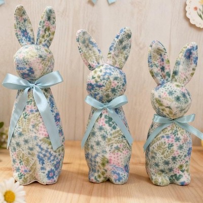 Easter Bunny Decorations Set of 3 - (12'', 10'', 9'') Flocked Bunnies with Flowe...