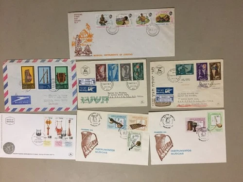 Seven MUSICAL INSTRUMENTS covers:2X Mozambiqueset fdc,3X Israel fdc,Germany,Leso