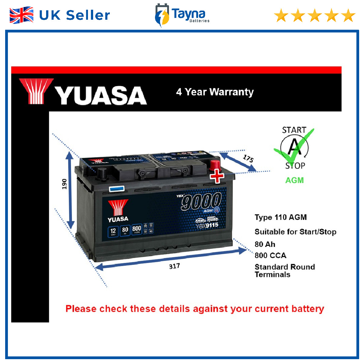 AGM Battery fits DODGE RAM DURANGO CHALLENGER CHARGER 2007 on Stop Start 110 AGM