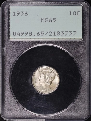 1936 Mercury Dime PCGS MS-65 Old Green Rattler Holder
