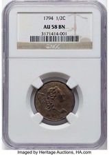 1794 Liberty Cap 1/2 Cent Half Cent Coin AU58 BN