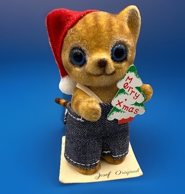 Vintage Josef Originals George Good Flocked Cat  MERRY X MAS  Figurine