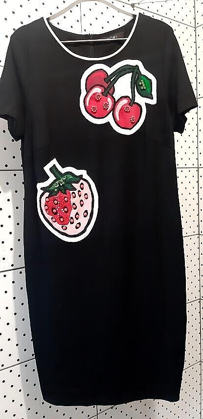 MARCCAIN Black Knitted Cocktail Dress Short Sleeve Embroidered Rhinestones Fruit-image