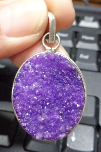 Estate Jewelry ~ .925 Sterling Silver PURPLE CRYSTAL ROCK Necklace Pendant 1-3/4 - Picture 5 of 5