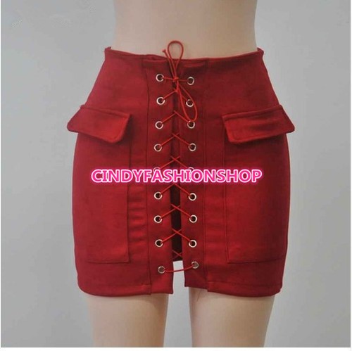 New Women Suede Skirt Lace UP Skirt 90's Vintage Pocket Preppy Short Skirt - Picture 28 of 28