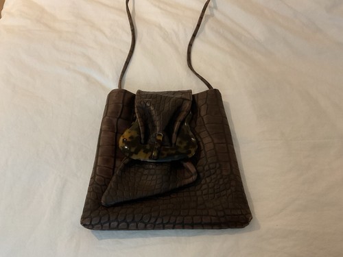 Lanzetti By Lexiapel Brown Croc Print Faux Leather Crossbody Bag Buckle Detail. - Picture 2 of 4