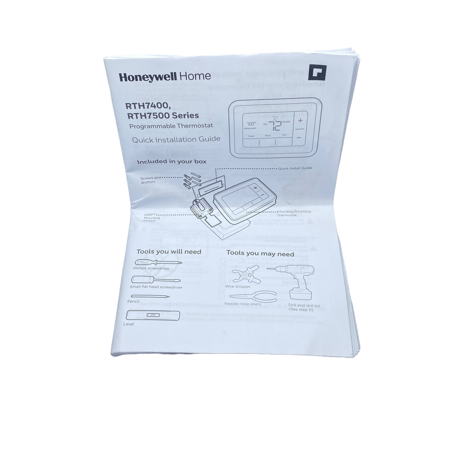 Honeywell Home Programmable Thermostat Series # RTH7400 / RTH7500  No Box Guide