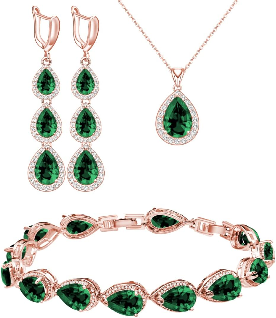 Necklace Long Earrings Bracelet Set, White Gold Plated Created Blue Sapphire Jew