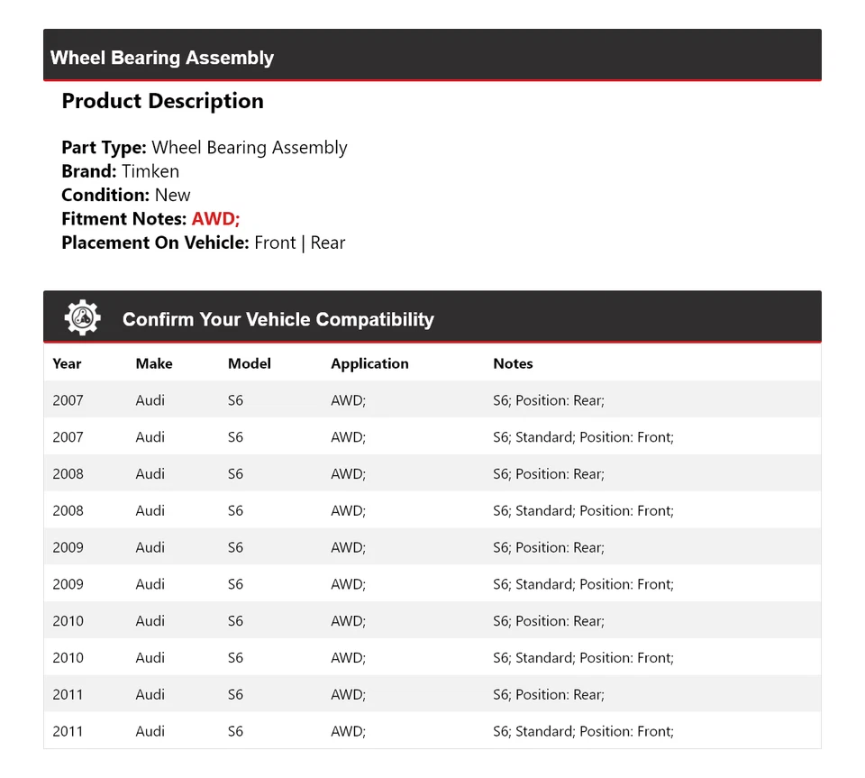 Conjunto de cojinete de rueda para Audi S6 2007-2011 AWD Timken 2008 2009 2010 Foto 2 de 4