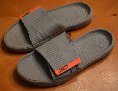 UNDER ARMOUR STEPHEN CURRY 13 SLIDES USED WORN S.F. GIANTS COLORS GRAY / ORANGE 