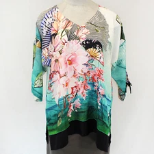 Citron Plus Clothing Flowers & Fans Cold Shoulders V-Neck Tunic Blouse 1X