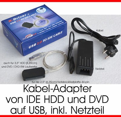 UNIVERSAL CABLE KABEL ADAPTOR FÜR IDE 2,5'' 6,35 cm + 8,89CM 3,5'' HDD DVD --> USB