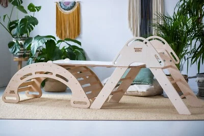 RAINBOW KIDS Montessori Kletterdreieck Wippe Kletterbogen Rutsche Pikler Echtholz Leiter NEU