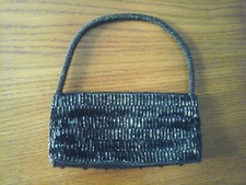 Bijoux Terner Black Beaded Satin Evening Handbag.   Size 3.5x8x1.5