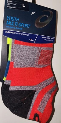 ASICS Youth Quick Lite 3 Pack Low  Show Socks Multi Sport Cushioned Large New