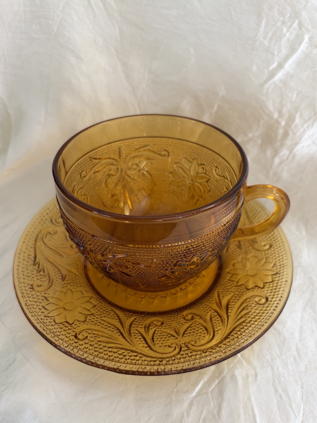 Indiana Glass Tiara Sandwich Pattern Amber Cup & Saucer Set Vintage Pressed Glas