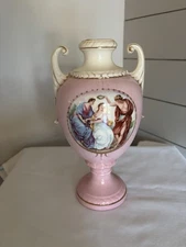 Antique Austrian Pink Porcelain Two Handled Vase Urn Hand Painted