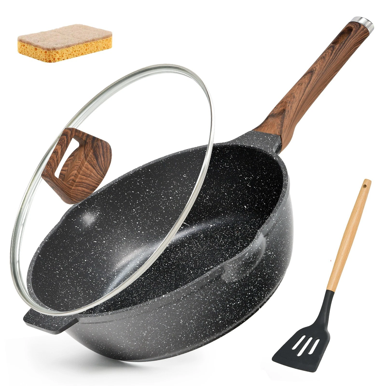 Deep Frying Pan Nonstick Cookware Set 5.5 Q Granite Skillet with Lid Spatula
Opens in a new window o