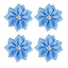 60 PCS 1.1-inch Blue Satin Ribbon Flowers Bows with Rhinestone Appliques
