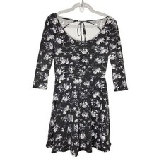 American Eagle Outfitters Gray Floral Print Skater Dress Women M 3/4 Sleeve