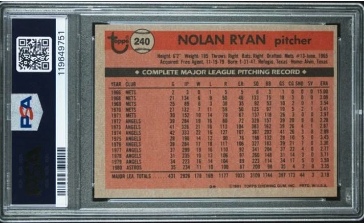 Tarjeta de béisbol 1981 Topps Nolan Ryan firmada por la corte certificado PSA/DNA automático 9 Foto 3 de 4