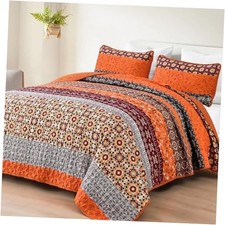 Boho Quilt Set Queen,Fall Bohemian Striped Queen 96" 90" Burnt Orange