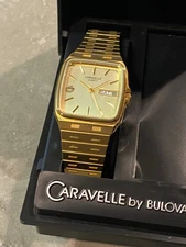 Caravelle By Bulova Men's Watch Quartz Day Date Gold Tone - c. 1998 Runs