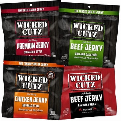 Premium Tender Spicy Jerky Sampler 4-Pack, Natural Smoked Beef, Chicken, and