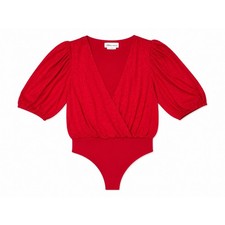 Lovers Friends Red Leoard Jacquard Puff Sleeve Surplice Bodysuit Medium Womens
