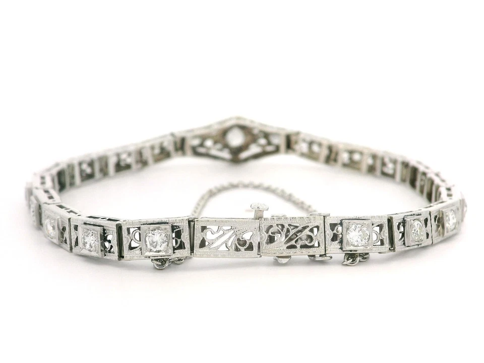 Brazalete de tenis antiguo Art Deco de filigrana de diamantes de 1,39 ctw de oro de 14 k y platino Foto 4 de 4