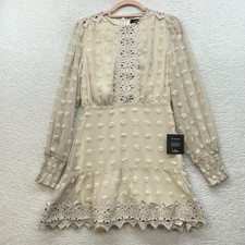 Lulus Dress Womens Extra Small Cream Long Sleeve Swiss Dot Lace Boho Mini Party