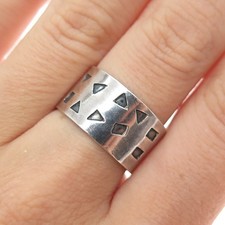 925 Sterling Silver Vintage Geometric Oxidized Wide Band Ring Size 7