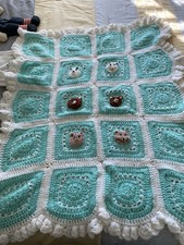 Adorable Handmade Baby Blanket In Green And White With Teddy Bears