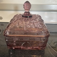 Tiara Honey Bee Glass Dish Pink Square Lid Candy Dish Indiana Glass Amethyst