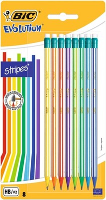 8er Pack BiC Evolution Stripes Graphitstifte mit Radierer stoßfest HB/#2
