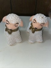 Vintage Chalkware White Sheep Baby Lamb Figures Gold Bow Plaster