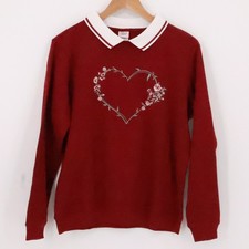 Heart Floral Embroidered Collar Sweatshirt Cottage Grandma Maroon Retro Size M