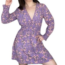 WAYF Purple Floral Surplice Long Sleeve Mini Dress Medium