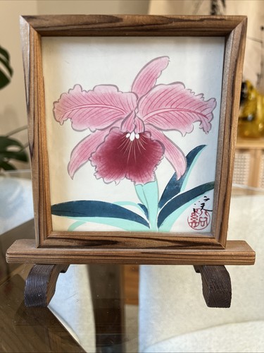 Framed Japanese Orchid Print – Signed, Wood Stand, 4.5" x 5" Insert Handmad - Picture 4 of 6