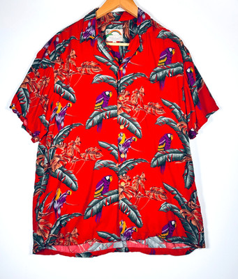 Paradise Found Hawaiian Shirt Mens Medium Red Parrot Tropical Aloha Rayon Hawaii