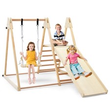 5-in-1 Kids Indoor Playground w/ Slide Climbing Rock Adjustable Swing Wooden