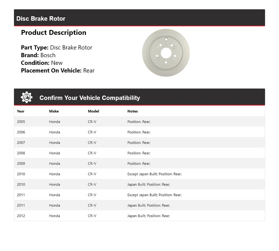 Rotor de freno de disco trasero para Honda CR-V 2005-2012 Bosch QuietCast 2006 2007 2008 Foto 2 de 4