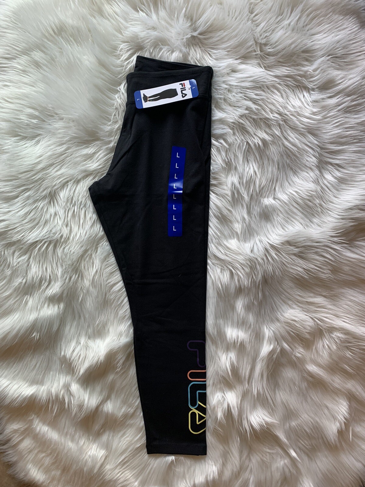 Leggings donna FILA a vita alta con logo multicolore nuovi con etichette nero taglia large