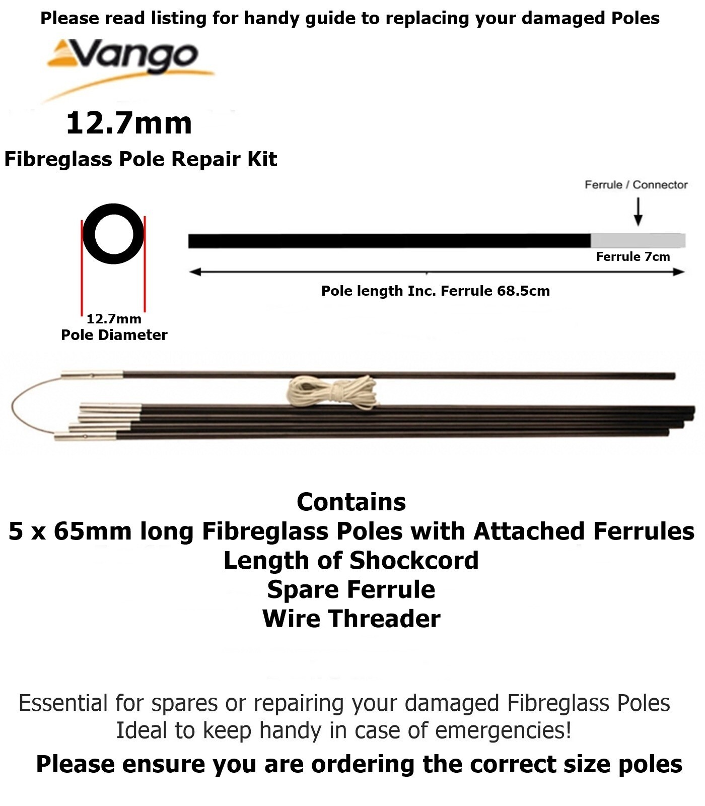 Vango Fibreglass Pole Repair Kit 12.7mm - Broken tent pole repair kit