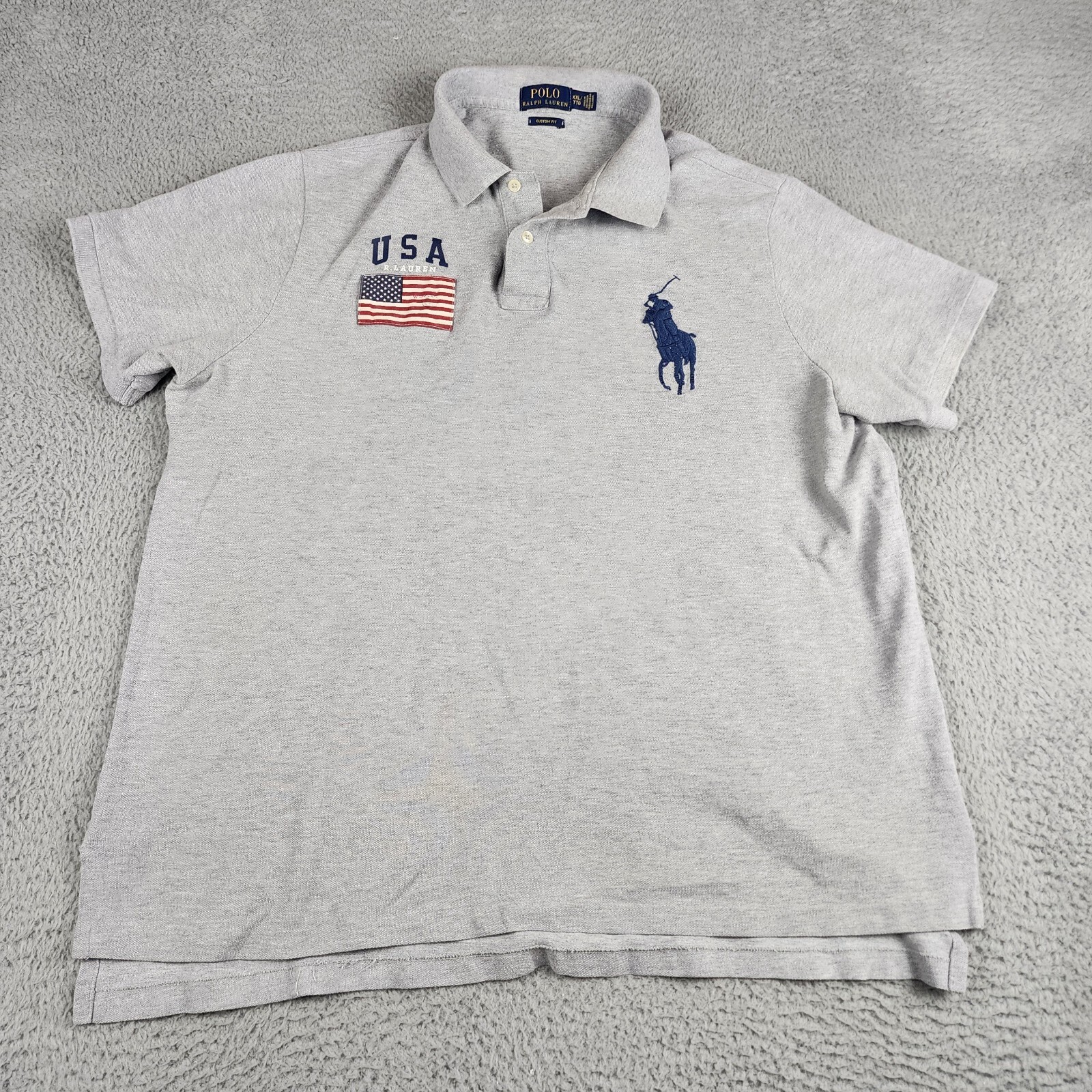 Polo Ralph Lauren Shirt Mens 2XL Gray Big Pony USA Flag Casual