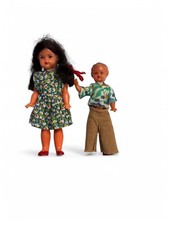 Vintage Pair 4  Celluloid Jointed Girl 3  Boy Dolls Dollhouse Miniatures Floral