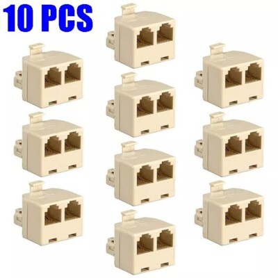 10-Pack RJ12 6P6C Reverse 1 Female To 2 Female Phone Line Splitter Adapters - Beige