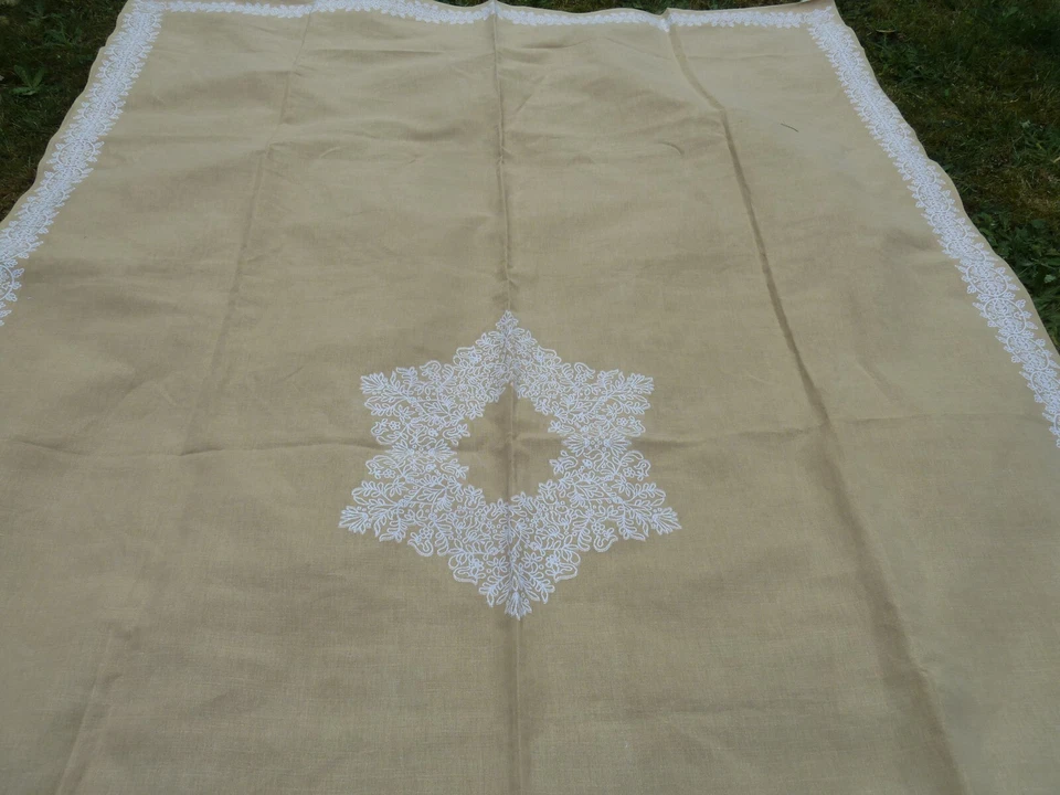 Ancienne nappe coton lin beige blanc marque De Witte Lietaer Belgique 243/150 cm - Photo 4/4