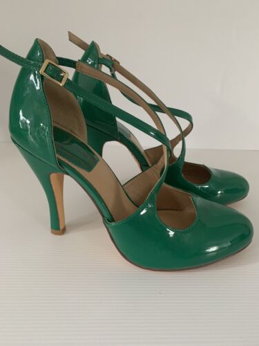 KITTEN D'AMOUR Size 9 Green Patent "Vixen" Cross Straps High Heel Designer Shoes - Picture 1 of 9