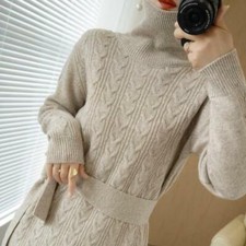 Women's Elegant Winter Loose Warm Turtleneck Knitted Chic Sweater Long Dresses